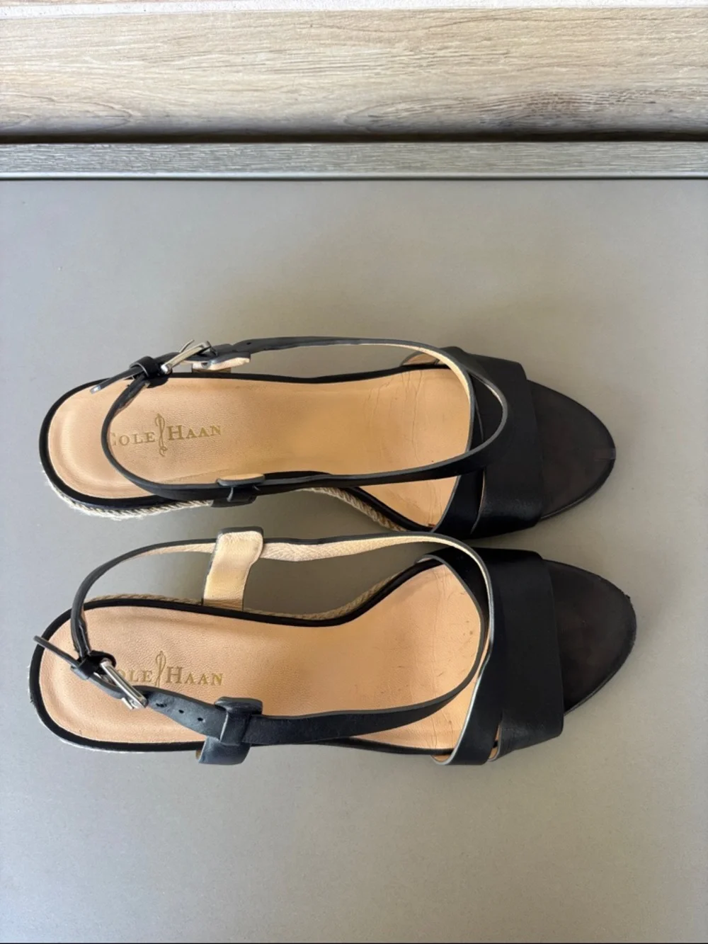 Cole Haan Black Leather Espadrille Taylor Wedge Sandal 7B